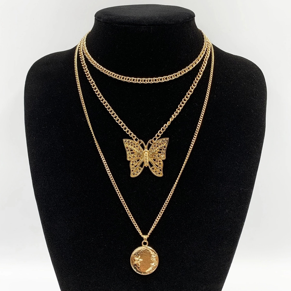 Gold Layered Moon Butterfly Pendant Necklace Chain